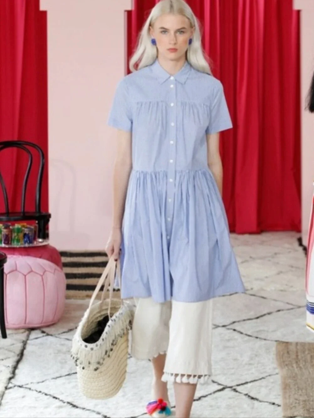Kate Spade Broome Street Striped Poplin Swing Shirt Dress Blue White Stripe